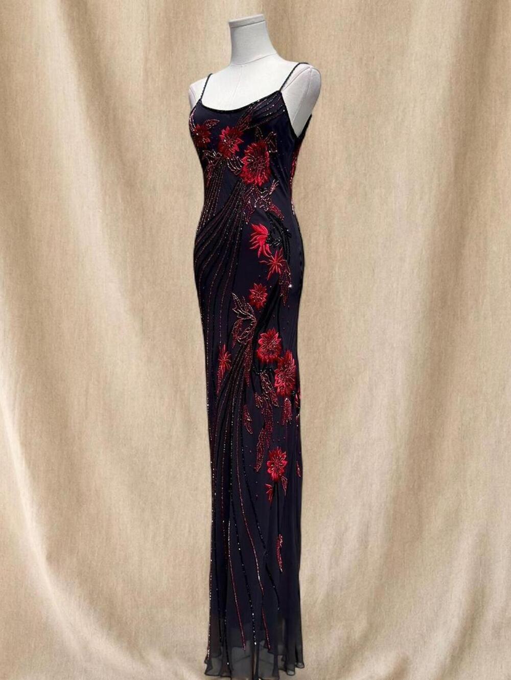 Vintage Cache black and red floral silk beaded maxi dress - Picture 3 of 8